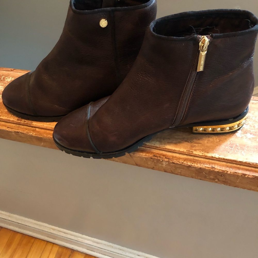 Karl Lagerfeld Dark Brown Leather Ankle Booties with Gold Heel Accent